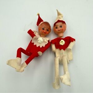 2 Vintage Elf Pixies Ornaments Felt, Wire Bendable Bodies Fabric Plastic Faces
